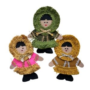 Vintage Eskimo Doll Ornaments Felt Yarn Trim Handmade Christmas Set of 3 MCM